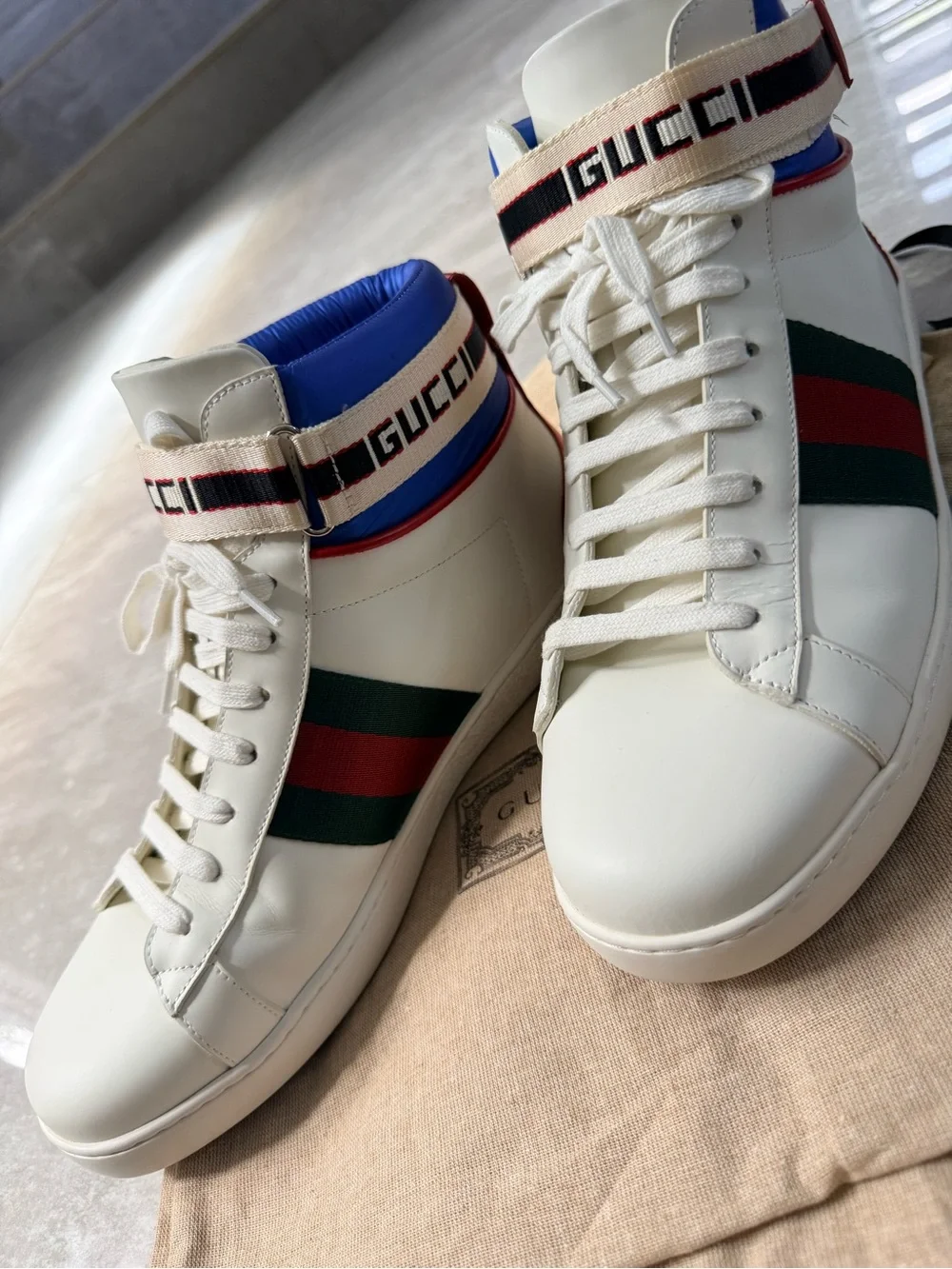 Gucci White High-Top Leather Sneakers with Green and Red Web Stripe